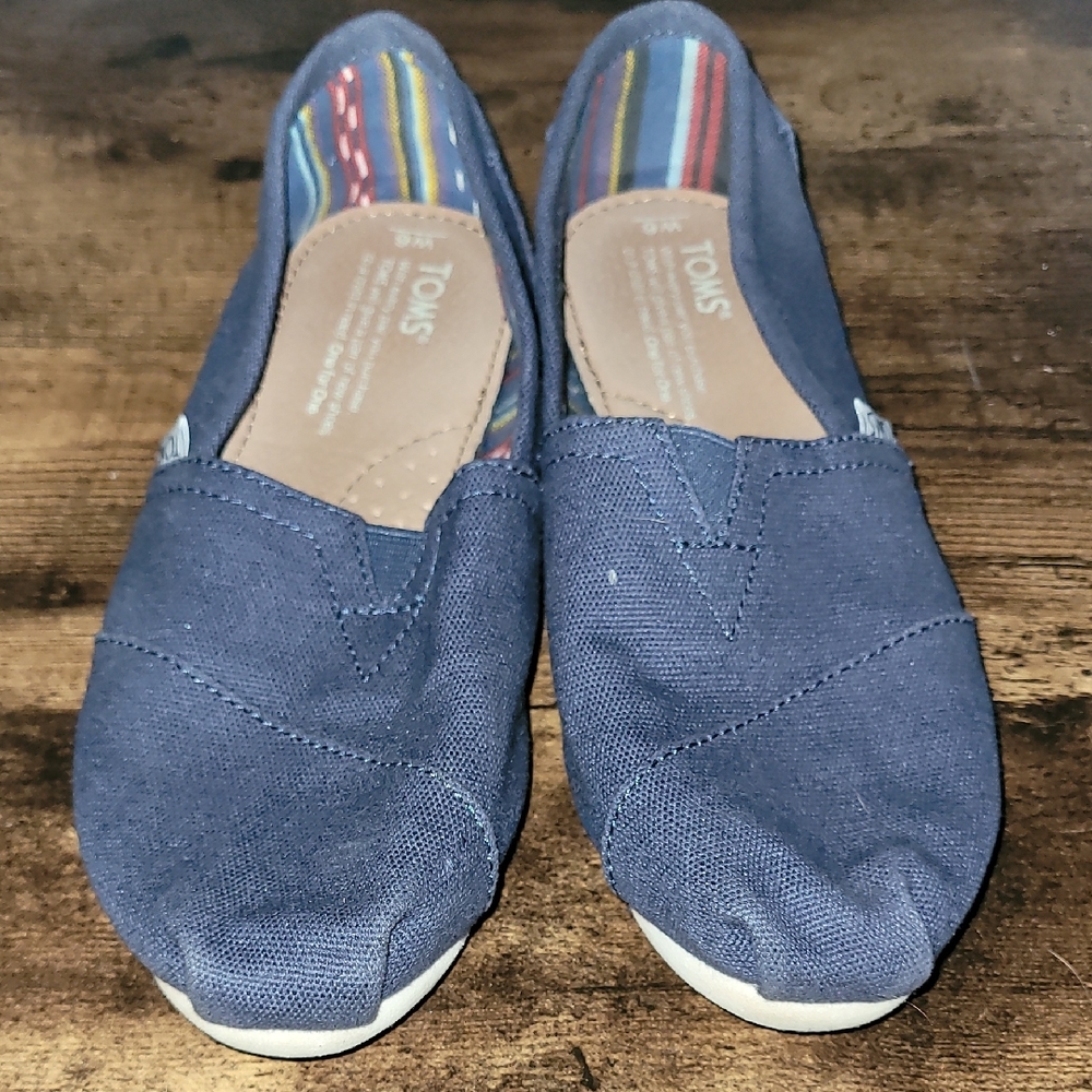 TOMS Navy Canvas Slip-Ons with Striped Interior